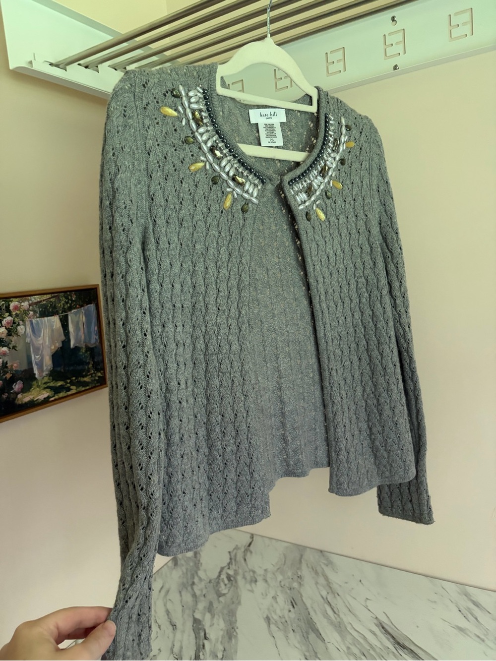 Kate Hill Petite Gray Embellished Cashmere Lambswool Blend Cardigan Sweater PS